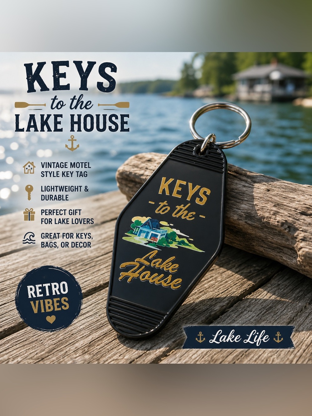 Vintage Keys to the Lake House Motel Style Keychain Black Retro Key Tag